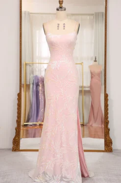 Sparkly Mermaid Pink Spaghetti Straps Long Prom Dress with Sequins