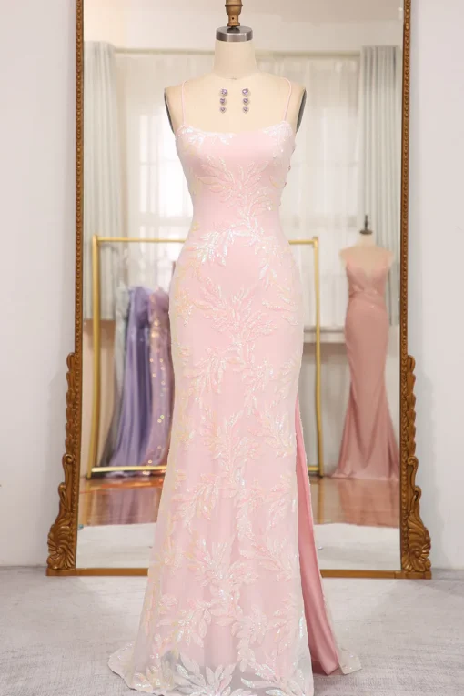 Sparkly Mermaid Pink Spaghetti Straps Long Prom Dress with Sequins