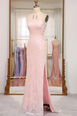 Sparkly Mermaid Pink Spaghetti Straps Long Prom Dress with Sequins