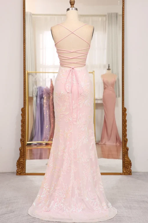 Sparkly Mermaid Pink Spaghetti Straps Long Prom Dress with Sequins