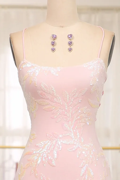 Sparkly Mermaid Pink Spaghetti Straps Long Prom Dress with Sequins