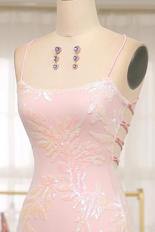 Sparkly Mermaid Pink Spaghetti Straps Long Prom Dress with Sequins