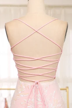 Sparkly Mermaid Pink Spaghetti Straps Long Prom Dress with Sequins