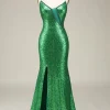 Sparkly Mermaid Spaghetti Straps Green Sequins Long Prom Dress with Split Front