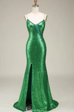 Sparkly Mermaid Spaghetti Straps Green Sequins Long Prom Dress with Split Front