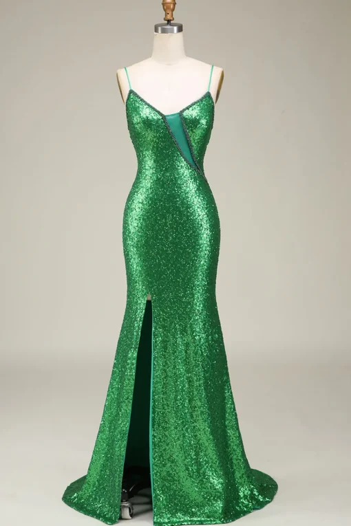 Sparkly Mermaid Spaghetti Straps Green Sequins Long Prom Dress with Split Front