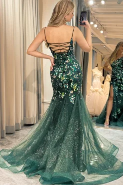 Sparkly Mermaid Spaghetti Straps Dark Green Beaded Prom Dress With Split