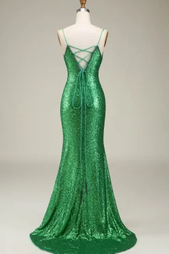Sparkly Mermaid Spaghetti Straps Green Sequins Long Prom Dress with Split Front