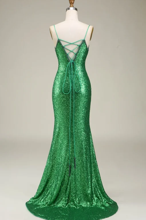 Sparkly Mermaid Spaghetti Straps Green Sequins Long Prom Dress with Split Front
