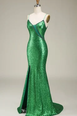Sparkly Mermaid Spaghetti Straps Green Sequins Long Prom Dress with Split Front