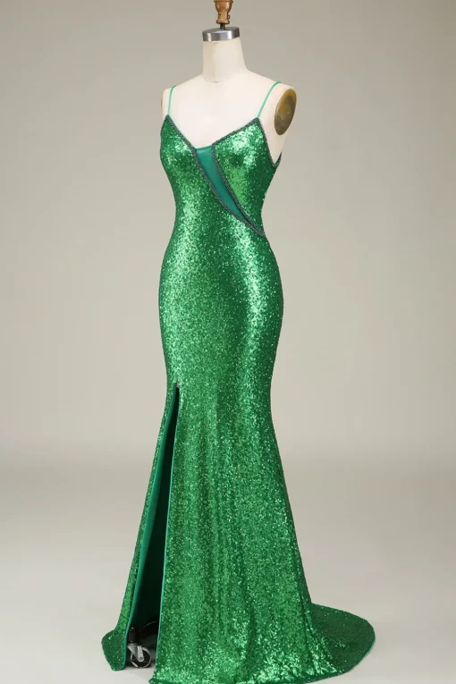 Sparkly Mermaid Spaghetti Straps Green Sequins Long Prom Dress with Split Front