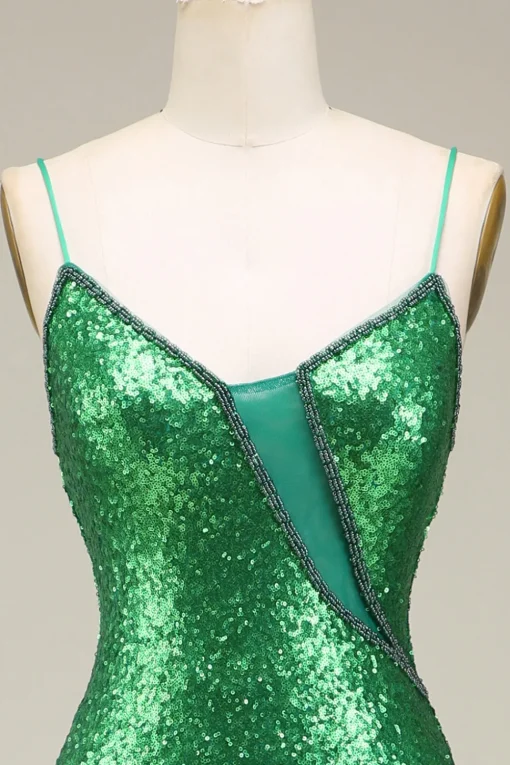 Sparkly Mermaid Spaghetti Straps Green Sequins Long Prom Dress with Split Front