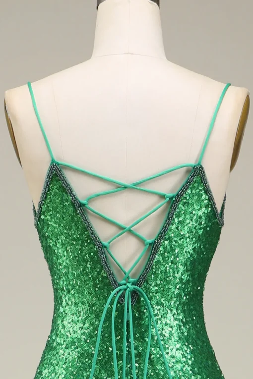 Sparkly Mermaid Spaghetti Straps Green Sequins Long Prom Dress with Split Front