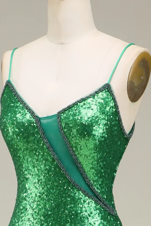 Sparkly Mermaid Spaghetti Straps Green Sequins Long Prom Dress with Split Front