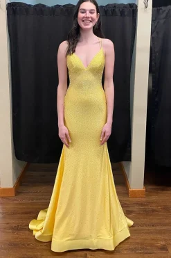 Sparkly Mermaid V Neck Long Prom Dress