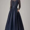 Sparkly Navy Beaded A Line Long Sleeves Mother Of the Bride Dress with Lace