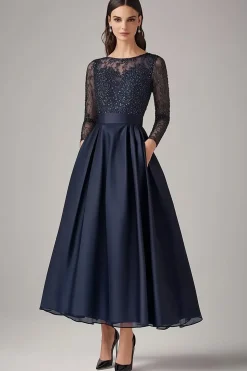 Sparkly Navy Beaded A Line Long Sleeves Mother Of the Bride Dress with Lace