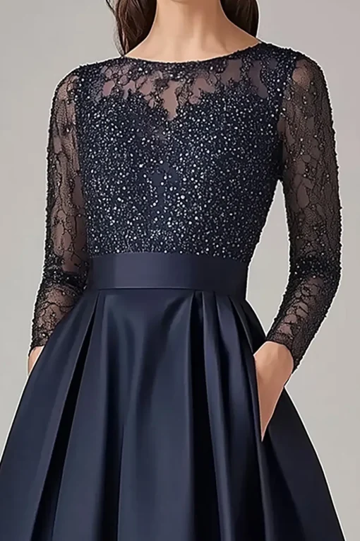 Sparkly Navy Beaded A Line Long Sleeves Mother Of the Bride Dress with Lace