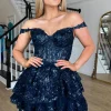 Sparkly Navy Corset Tiered Lace A-Line Short Graduation Dress