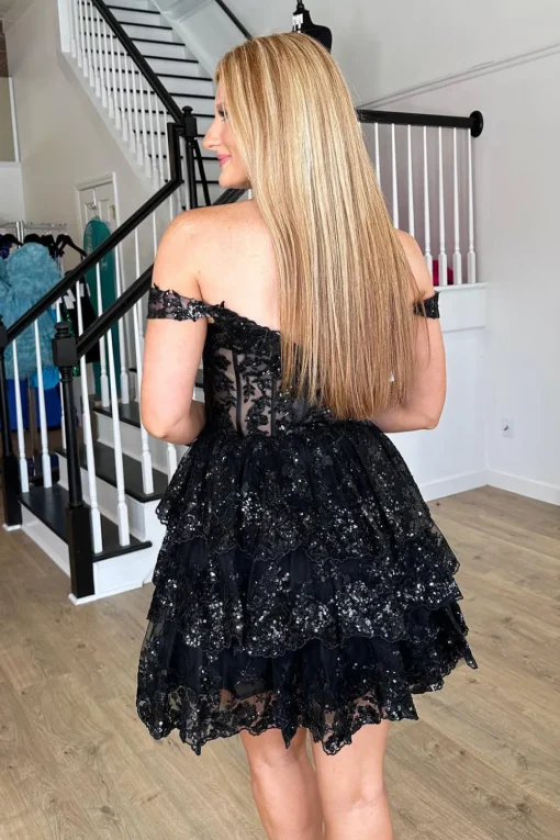 Sparkly Navy Corset Tiered Lace A-Line Short Graduation Dress