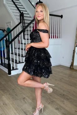 Sparkly Navy Corset Tiered Lace A-Line Short Graduation Dress