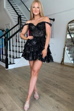 Sparkly Navy Corset Tiered Lace A-Line Short Graduation Dress