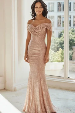 Sparkly Off the Shoulder Champagne Mother Of The Bride Dress
