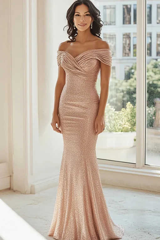 Sparkly Off the Shoulder Champagne Mother Of The Bride Dress