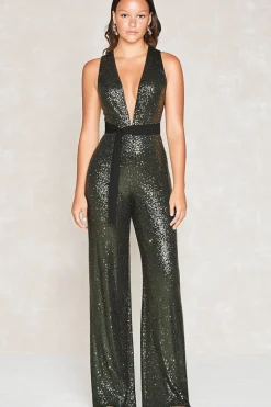 Sparkly Olive Deep V-Neck Sequins Mother of the Bride Jumpsuits with Belt