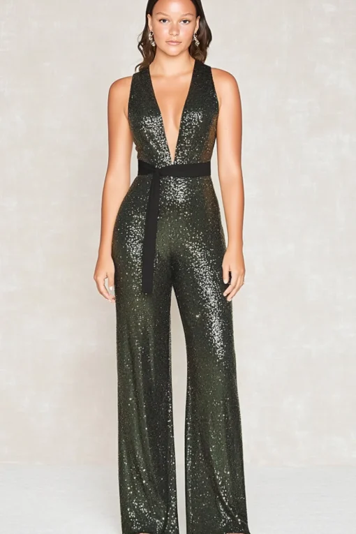 Sparkly Olive Deep V-Neck Sequins Mother of the Bride Jumpsuits with Belt