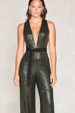 Sparkly Olive Deep V-Neck Sequins Mother of the Bride Jumpsuits with Belt