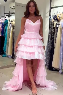 Sparkly Pink V Neck Tiered A Line Prom Dress