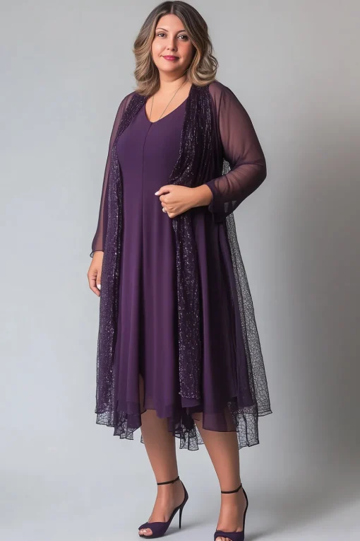 Sparkly Purple Chiffon A Line V Neck Long Sleeves Mother of The Bride Dress