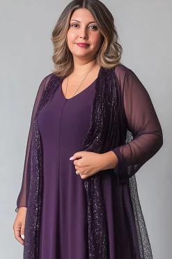 Sparkly Purple Chiffon A Line V Neck Long Sleeves Mother of The Bride Dress