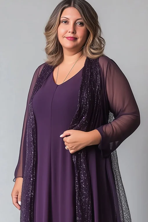 Sparkly Purple Chiffon A Line V Neck Long Sleeves Mother of The Bride Dress