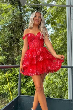 Sparkly Red Corset Tiered Lace A-Line Short Graduation Dress