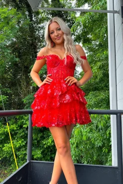 Sparkly Red Corset Tiered Lace A-Line Short Graduation Dress