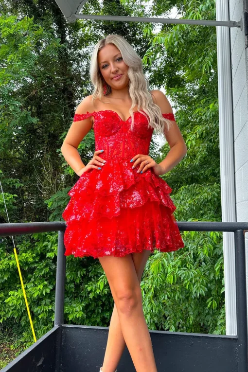 Sparkly Red Corset Tiered Lace A-Line Short Graduation Dress