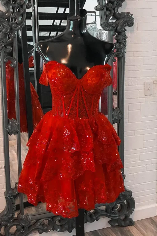 Sparkly Red Corset Tiered Lace A-Line Short Graduation Dress