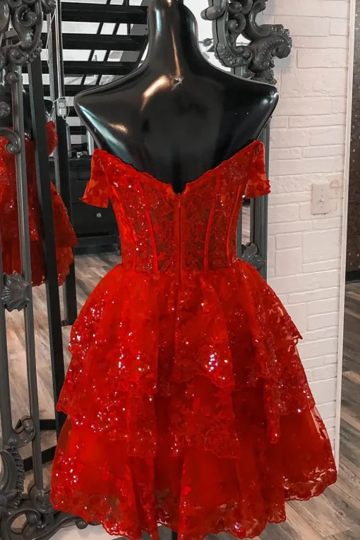 Sparkly Red Corset Tiered Lace A-Line Short Graduation Dress