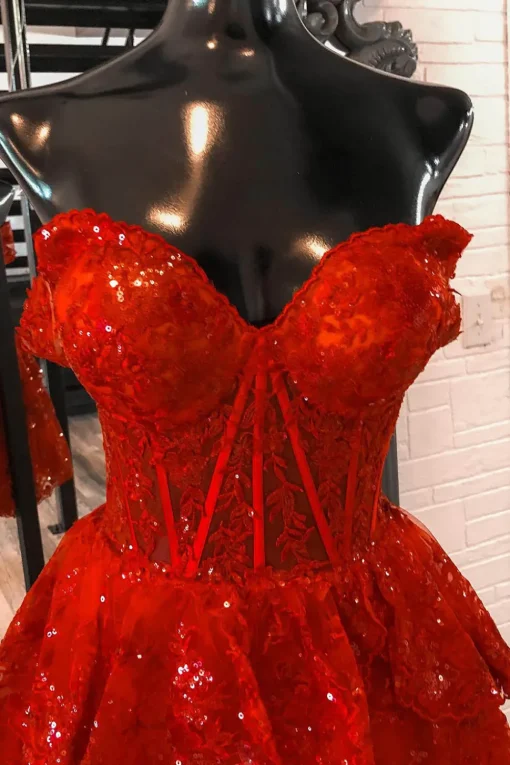 Sparkly Red Corset Tiered Lace A-Line Short Graduation Dress