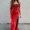 Sparkly Red Mermaid Corset Sequins Spaghetti Straps Long Prom Dress with Slit
