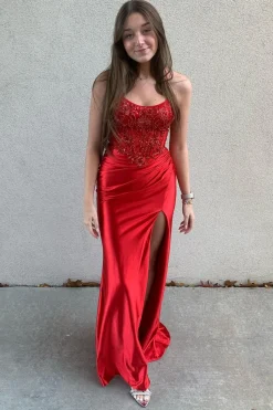 Sparkly Red Mermaid Corset Sequins Spaghetti Straps Long Prom Dress with Slit