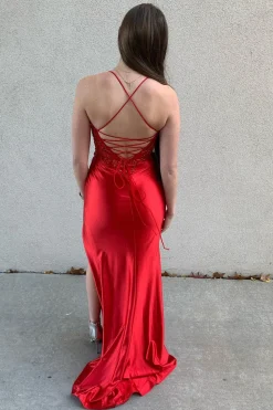 Sparkly Red Mermaid Corset Sequins Spaghetti Straps Long Prom Dress with Slit
