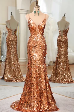 Sparkly Rose Golden Mermaid Spaghetti Straps Sequin Prom Dress With Slit