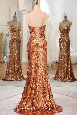 Sparkly Rose Golden Mermaid Spaghetti Straps Sequin Prom Dress With Slit