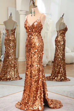 Sparkly Rose Golden Mermaid Spaghetti Straps Sequin Prom Dress With Slit