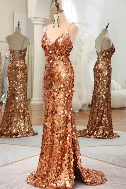 Sparkly Rose Golden Mermaid Spaghetti Straps Sequin Prom Dress With Slit