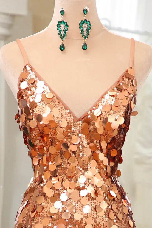 Sparkly Rose Golden Mermaid Spaghetti Straps Sequin Prom Dress With Slit