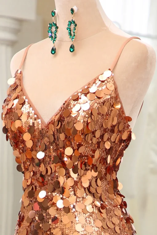 Sparkly Rose Golden Mermaid Spaghetti Straps Sequin Prom Dress With Slit